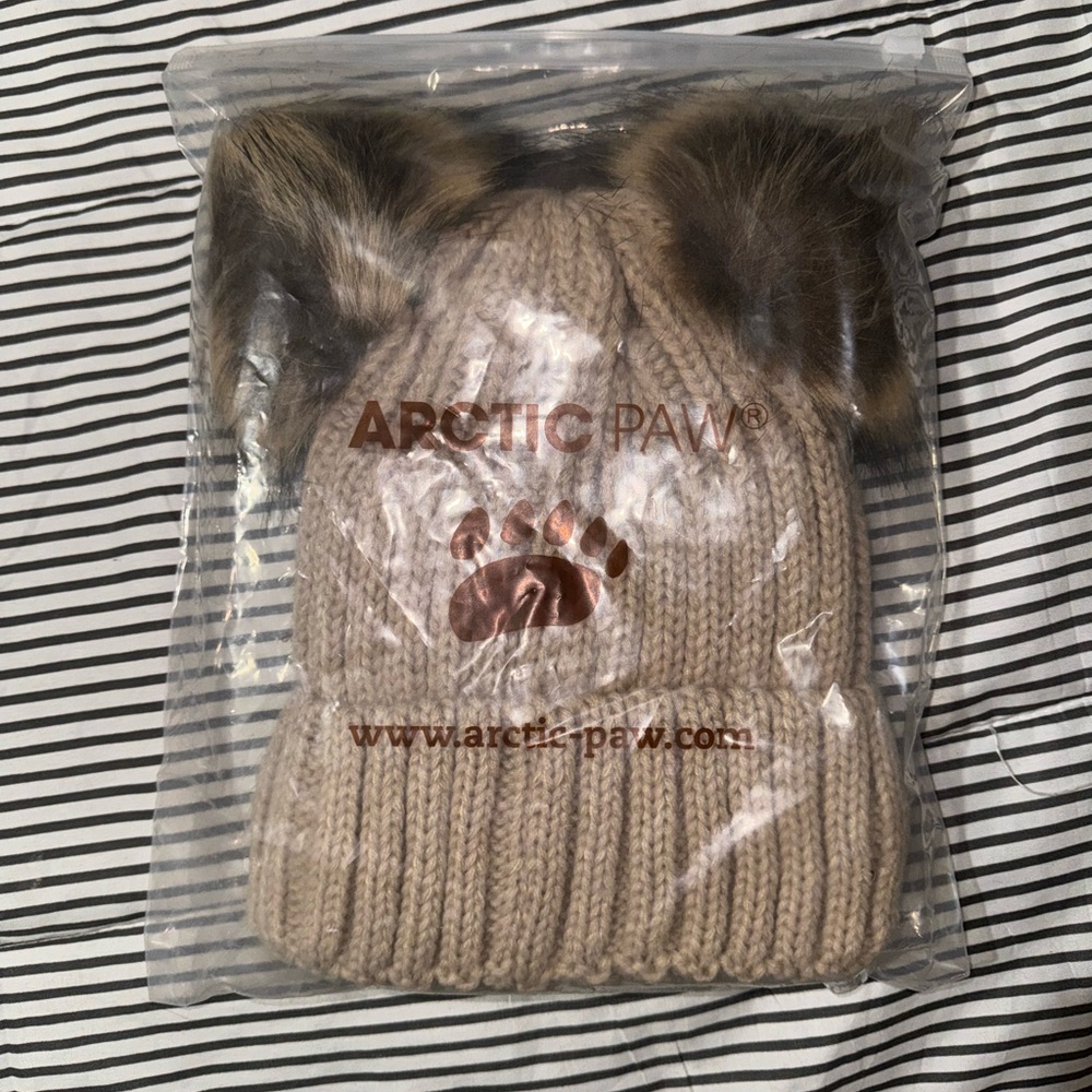 Artic Paw Pom Pom Beanie Ears Beige NWT